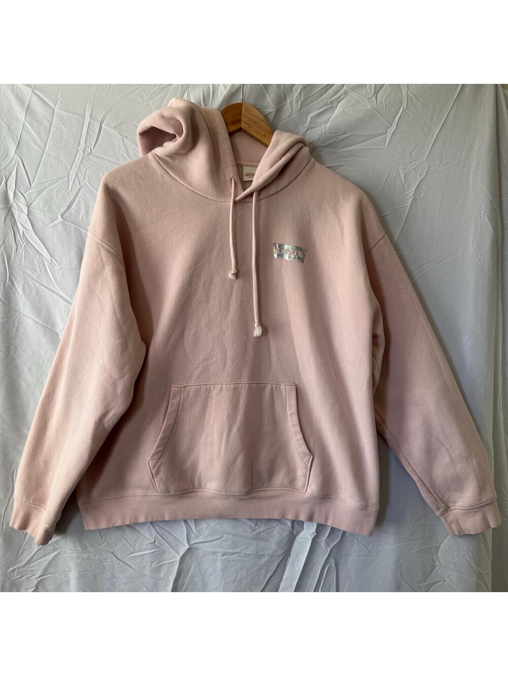 Levi's Hoodie L Womens Blush Pink Holographic Glitter Logo Kangaroo Pocket